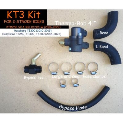 Thermo-Bob KT3 two-stroke kit with thermostat housing, L-bend hoses, bypass tee, bypass hose and clamps
